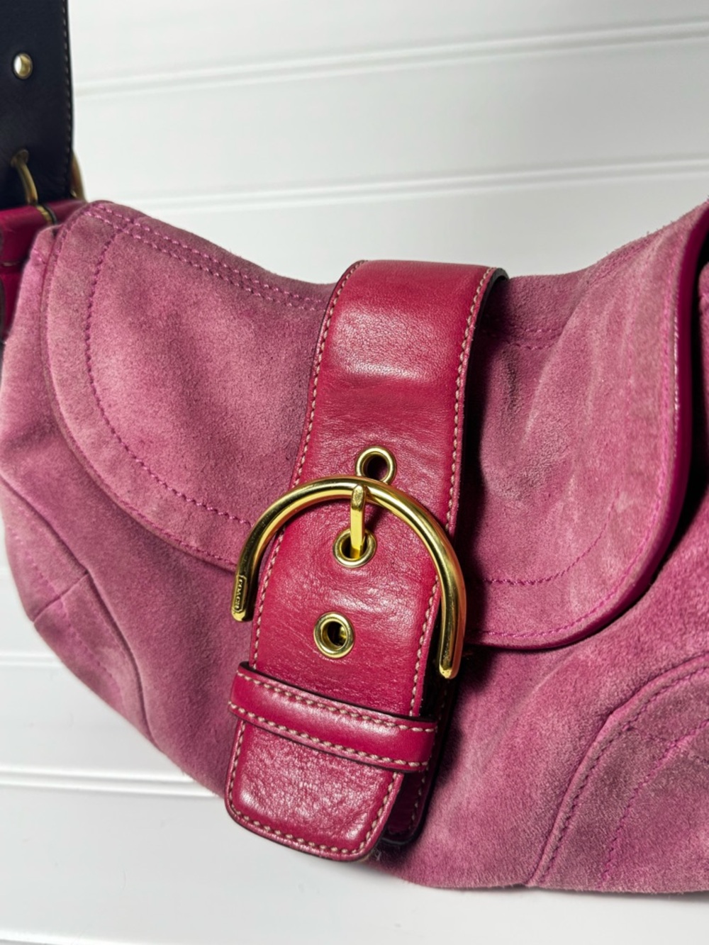 Coach Pink Suede Saddle Shoulder Bag with Gold Buckle and Pink Leather Strap - Picture 5 of 11
